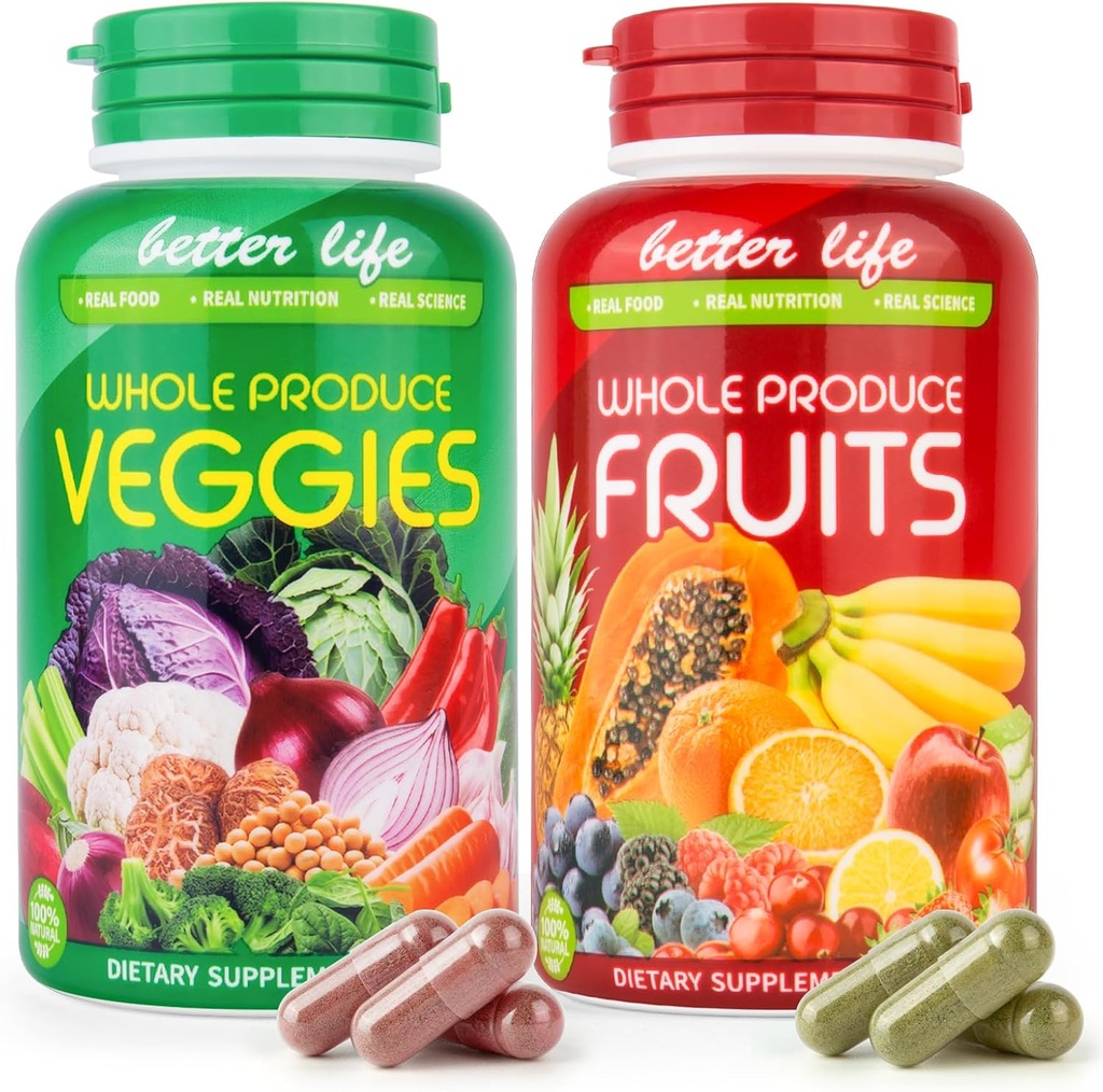 Dowslept Fruits and Veggies Supplement/Capsules -100% Whole Natural Vitamins Supplements- Balance Energy Levels for Women Men 90 Fruit Capsules, 90 Veggie Capsules