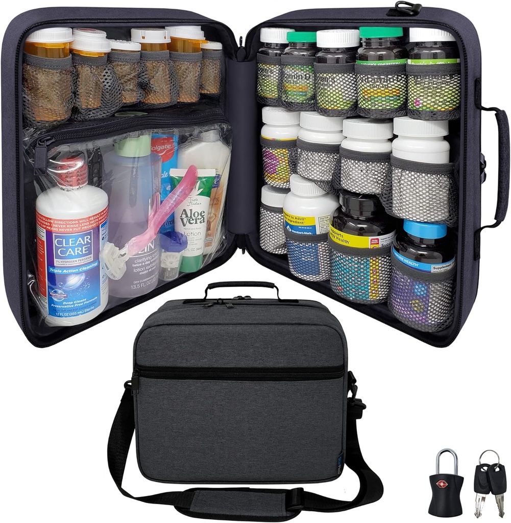 Organisateur de bouteilles de pilules extra-large, sac de médecine, transporteur de médicaments, de vitamines et de fournitures médicales - Organisateur de médicaments de voyage modulaires et sac médical d'entreposage à domicile - Gris foncé (avec serrure)