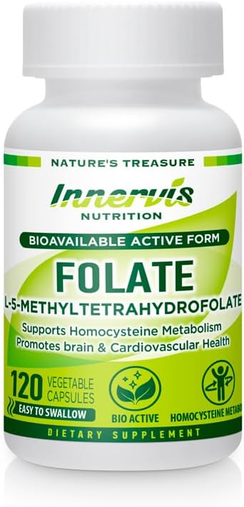 Bioactive Folate (L-5-MTHF 1000mcg, Folate 1700mcg) – Brain & Mood Support, Easy-to-Swallow, 120 Veg Capsules