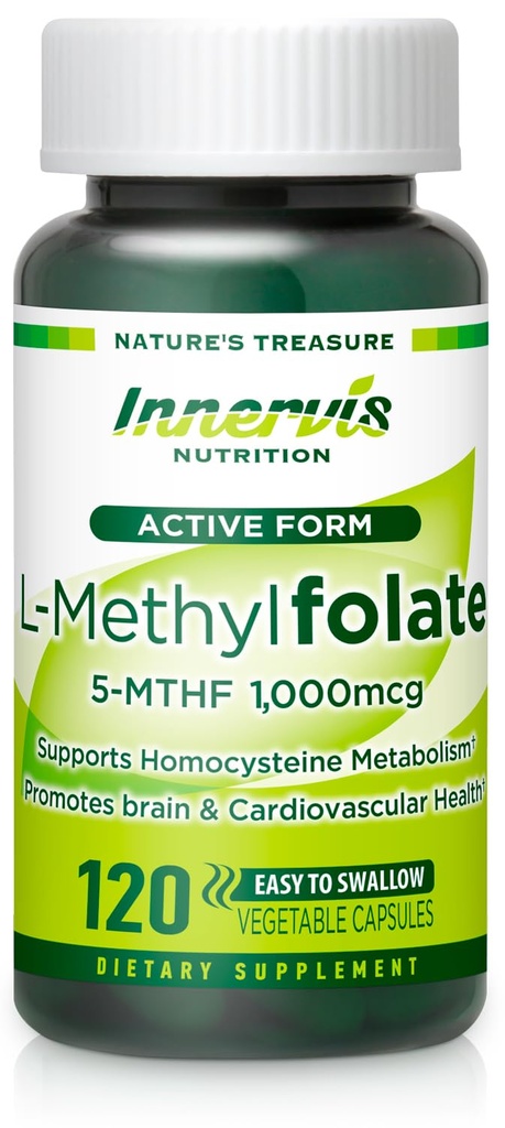 Folate bioactif (L-5-MTHF 1000mcg, Folate 1700mcg) – Soutien du cerveau et de l'humeur, Facile à avaler, 120 Capsules de Veg