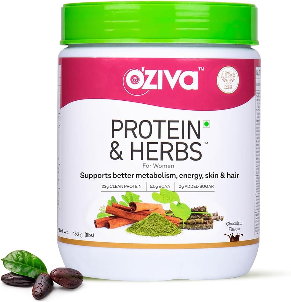 OZIVA Protéines et herbes pour les femmes de 500 Gm (16 portions) avec multivitamines, Curcumine, Shatavari, Tulsi pour soutenir le métabolisme, l'équilibre hormonal et la peau, la santé des cheveux (1,1 Lb)