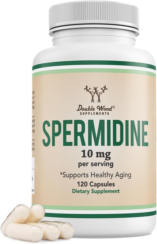 Supplément de spermidine (10mg de 99% de spermidine 3HCL - Testé par un tiers) 120 capsules - Plus de 100x Extrait de germe de blé plus puissant pour la membrane cellulaire, la santé de Telomere et le vieillissement par double bois