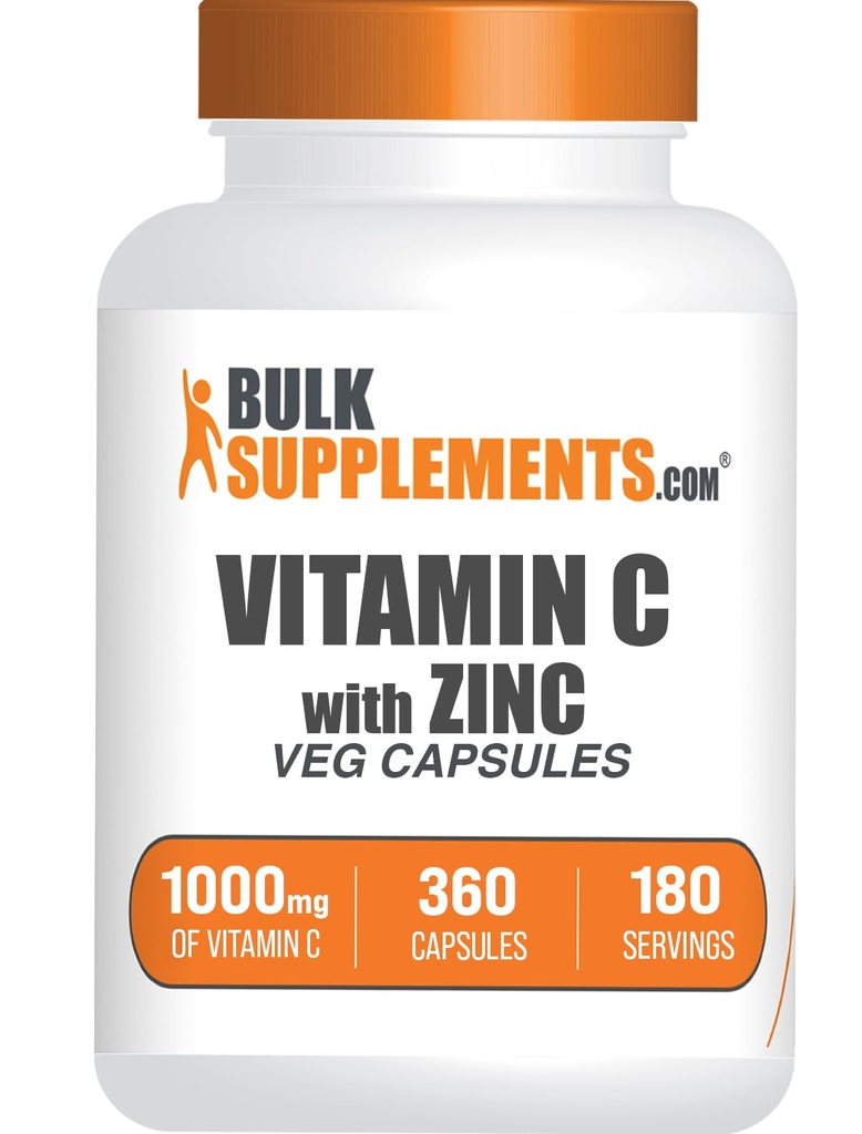 BulkSupplements.com Vitamine C avec Capsules de Zinc - Vitamine C 1000mg et Zinc 15mg, pour le soutien immunitaire - Vegan, 2 Capsules par portion, 360 Veg Count (paquet de 1)