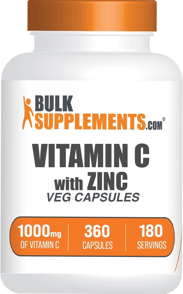 BulkSupplements.com Vitamine C avec Capsules de Zinc - Vitamine C 1000mg et Zinc 15mg, pour le soutien immunitaire - Vegan, 2 Capsules par portion, 360 Veg Count (paquet de 1)