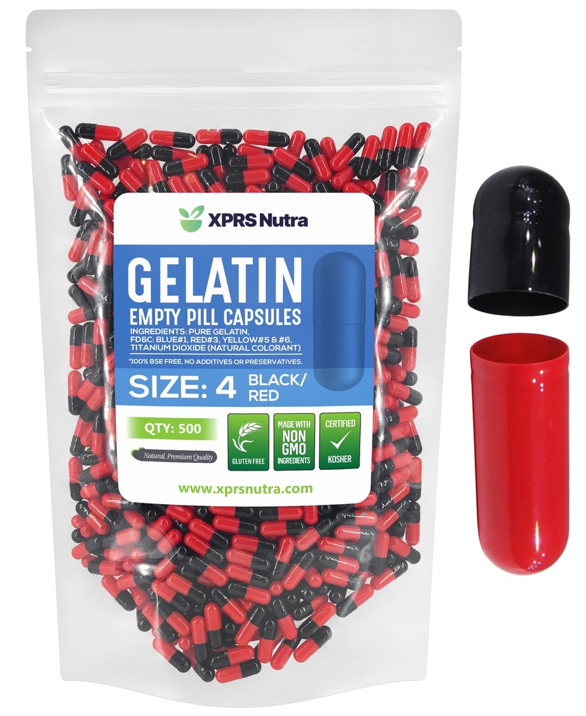 XPRS Nutra Size 4 Empty Capsules - 500 Count Small Empty Gelatin Capsules - Pills DIY Capsule Filling - Fillable Bovine Pill Gel Caps for Do-It-Yourself Supplements (Black/Red)