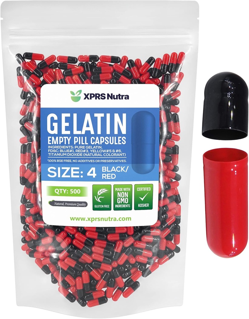 XPRS Nutra Taille 4 Capsules vides - 500 Compter les petites capsules de gélatine vides - Pills Bricolage Capsule Remplissage - Bouchons de gel de pilules bovines rechargeables pour les suppléments Do-It-Youlf (Noir/Rouge)