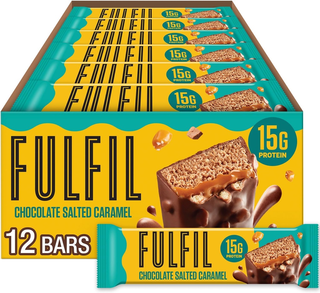 FULFIL Protein Snack Bars, Chocolat salé caramel aromatisé, sans gluten avec 15g de protéines, agrafes de garde-manger, 12 Compte