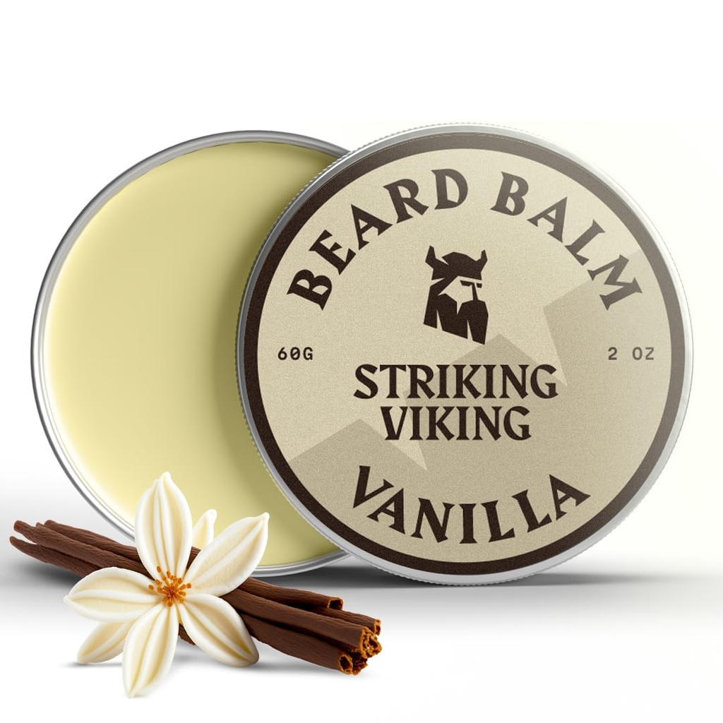 Baume Viking Strike pour les hommes - Laisser en conditionneur de barbe - Baume Styling fabriqué avec des huiles de beurre, d'argan et de jojoba naturellement dérivés (2 Ounce (paquet de 1), Vanilla)