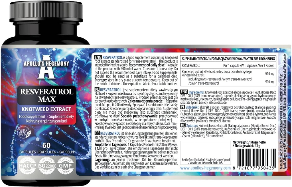 APOLLO'S HEGEMONY Resvératrol Max - 500 mg par gélule - 60 capsules véganes - haute pureté extrait 98% - soutient la santé circulatoire - antioxydant naturel - supplément alimentaire