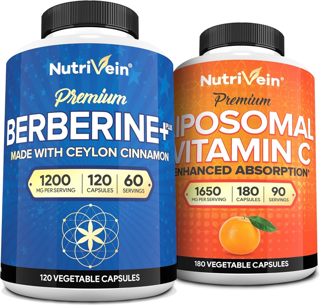 Nutrivein Premium Berberine & Liposomal Vitamin C Supplement: High-Absorption Vitamin C Capsules & Berberine Supplement Bundle for Immunity, Metabolism, & Balanced Well-Being