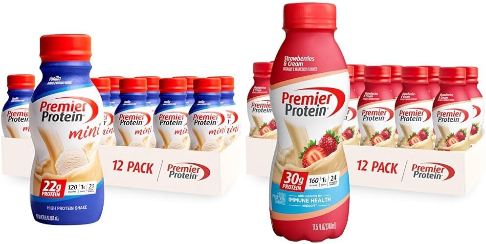 Premier Protein Shake MINIs Vanilla 22g Protein 120 Calories Pack of 12 & Strawberries Premier Protein Shake 30g Protein 160 Calories Pack of 12