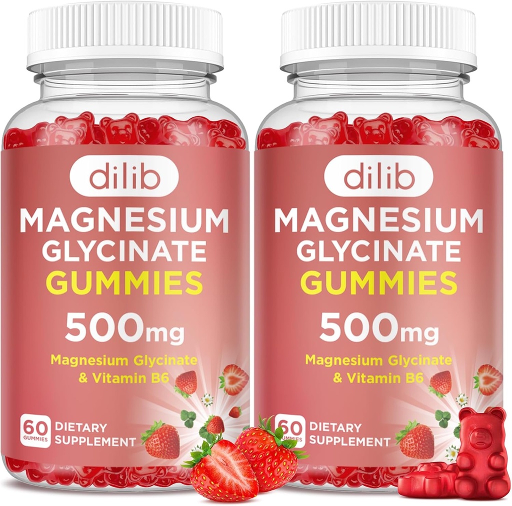 Magnésium Glycinat Gommies 500mg pour adultes et enfants Supplément de magnésium avec vitamine B6-Gommies calmantes naturelles-Calme Mood, Muscle & Sleep Support-Strawberry Flavor, 120 Gommies