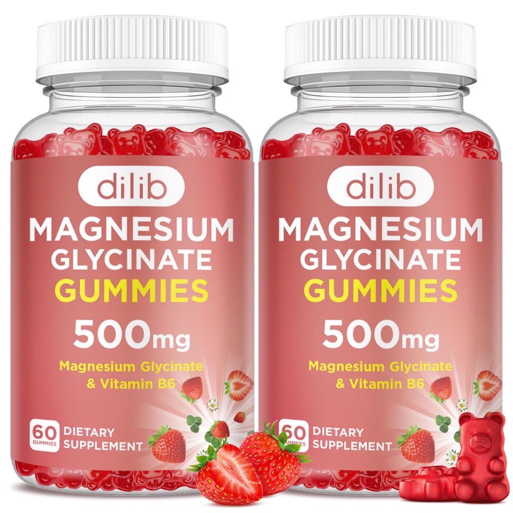 Magnésium Glycinat Gommies 500mg pour adultes et enfants Supplément de magnésium avec vitamine B6-Gommies calmantes naturelles-Calme Mood, Muscle & Sleep Support-Strawberry Flavor, 120 Gommies