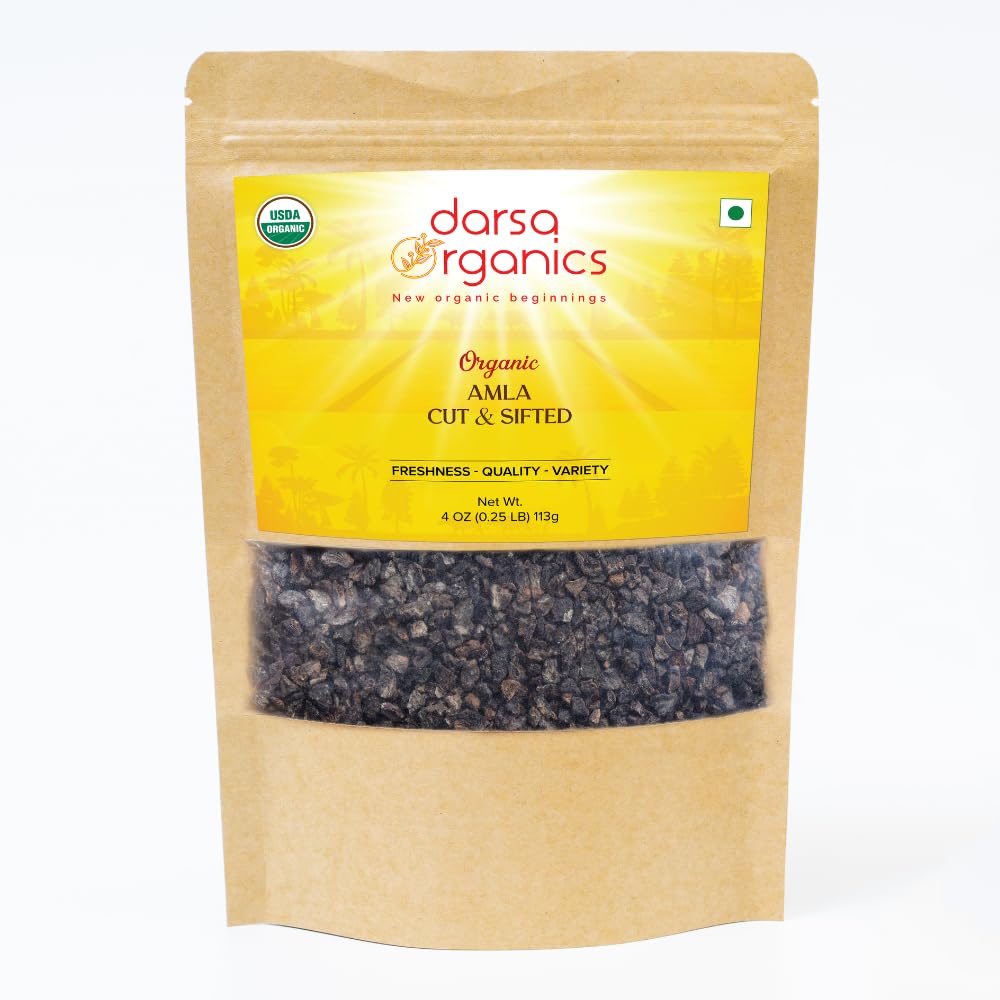 Darsa Bios Gooseberry indien, séché Amla Cut & Sifted 4oz - Amla biologique USDA pour le thé à base de plantes, recettes saines, croissance des cheveux et immunité, riche en vitamine C et antioxydants, végétalien, non-OGM, sans gluten, casher