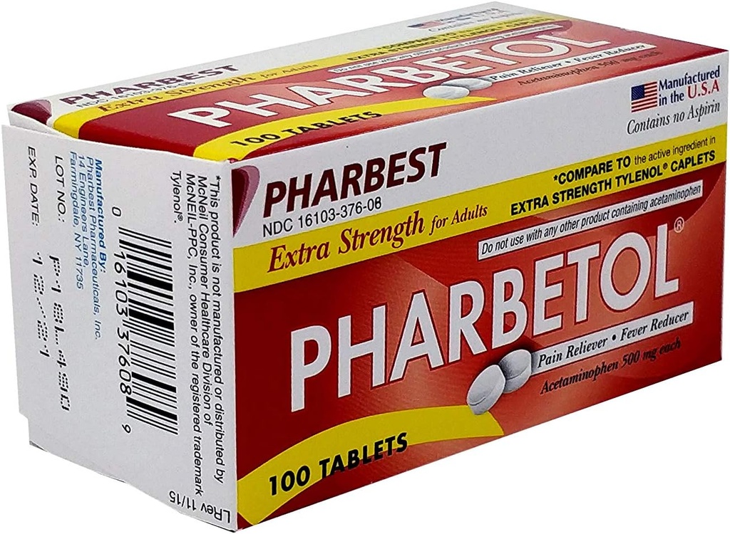 Pharbetol 500mg Extra Strength Tablets 100 Count (Generic Extra Strength)
