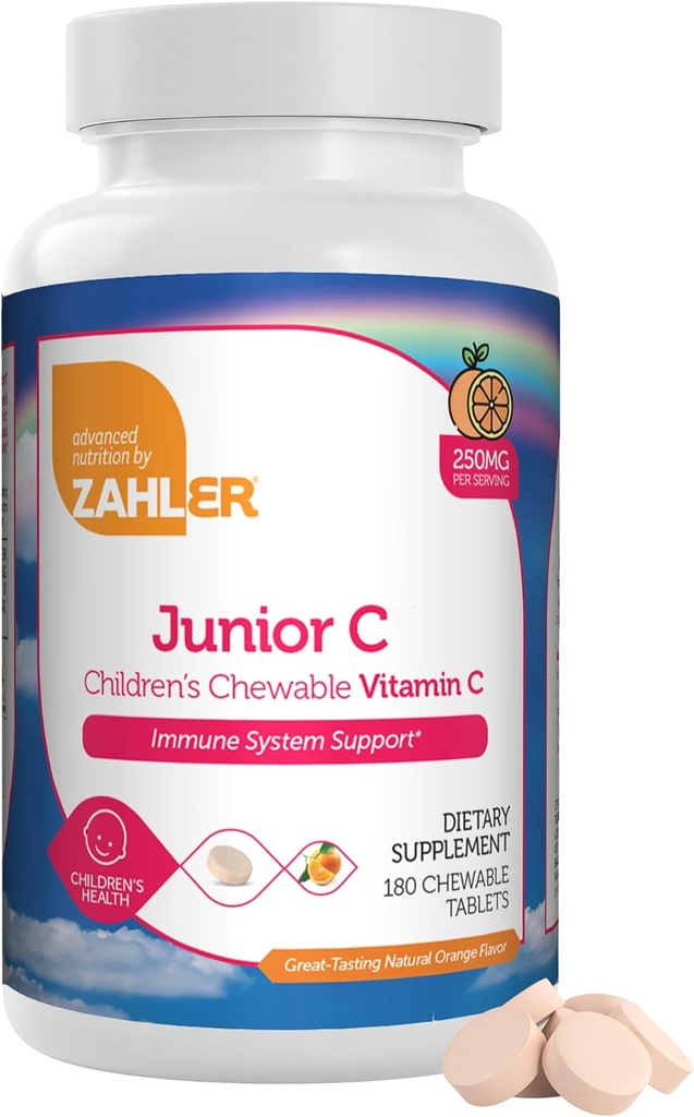 Zahler Junior C Vitamine C à croquer avancée pour les enfants - Soutien immunitaire Vitamines pour les enfants à l'orange délicate - Vitamine C pour l'immunité - Vitamine C Antioxydant à croquer - (180 Nombre)
