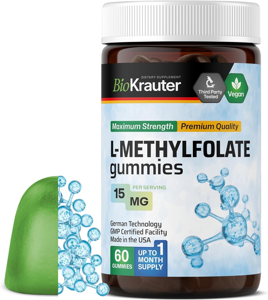 BIO KRAUTER L Methylfolate Gummies - 25 mg DFE - 60 Vegan Chews - MTHF Supplement - Folate Supplement - Folic Acid Gummies (Vitamin B9) - Gelatine-Free Formula