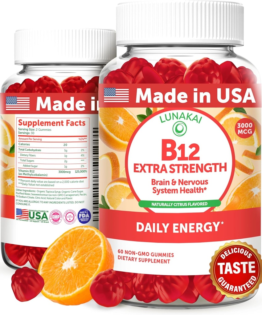 Lunakai Extra Strength 3000mcg Vitamine B12 Gummies - USA Made, Delicious Daily Energy & Metabolism Support - Vegan B12 supplément de méthylcobalamine 60ct