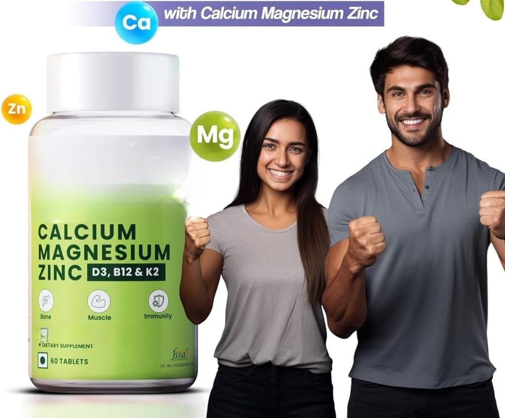 Calcium, Magnésium, Zinc avec Vitamine D3 & B12, 1000mg I 60 Comprimés de Vég.Support de solides articulations santé.