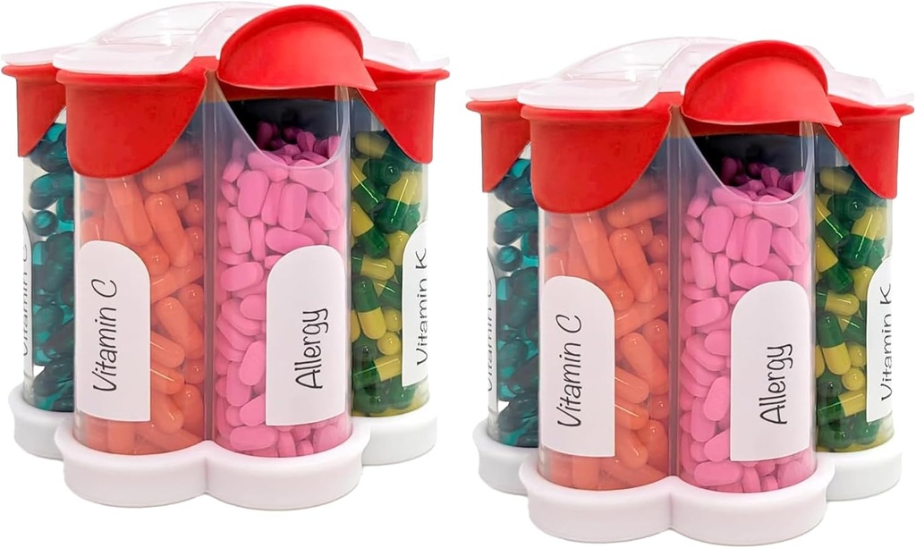 Extra Large Pill Organizer Daily, Weekly, Monthly Complement Bouteille, Distributeur de pilules Mignon avec 7 Compartiments XL (2 Pack Combo) (Red 2 Pack)