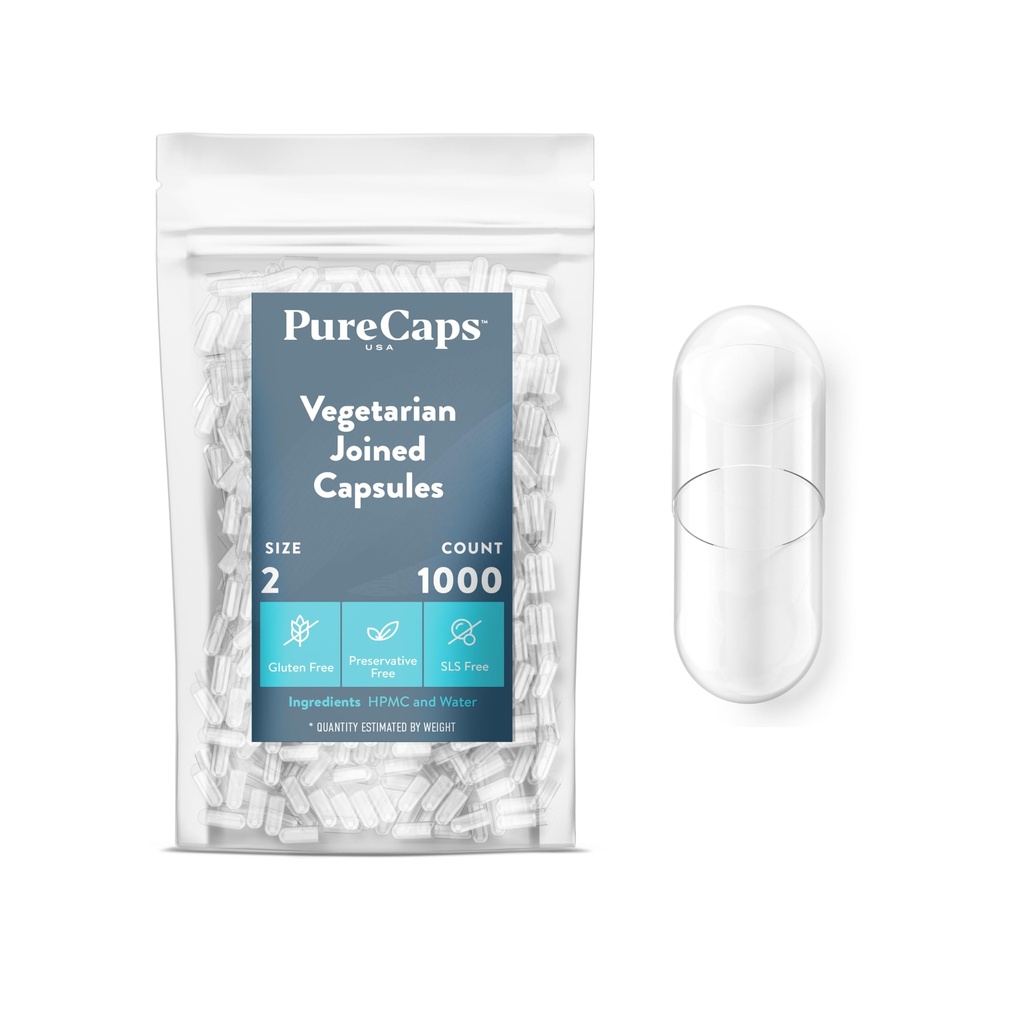 PureCaps USA - Empty Vegetarian Vegan Pill Capsules Size 2| 1,000 Joined Pills| Clear| Non-GMO Certified | SLS, Gluten, Preservative Free
