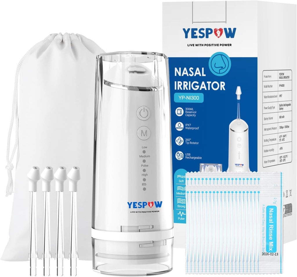 Système d'irrigation nasale - YESPOW Nettoyeur de nez Néti électrique - Machine à rincer Sinus avec 4 modes pour laver le nez - Irrigateur nasal avec 40 paquets Saline pour flush Sinus et soulagement