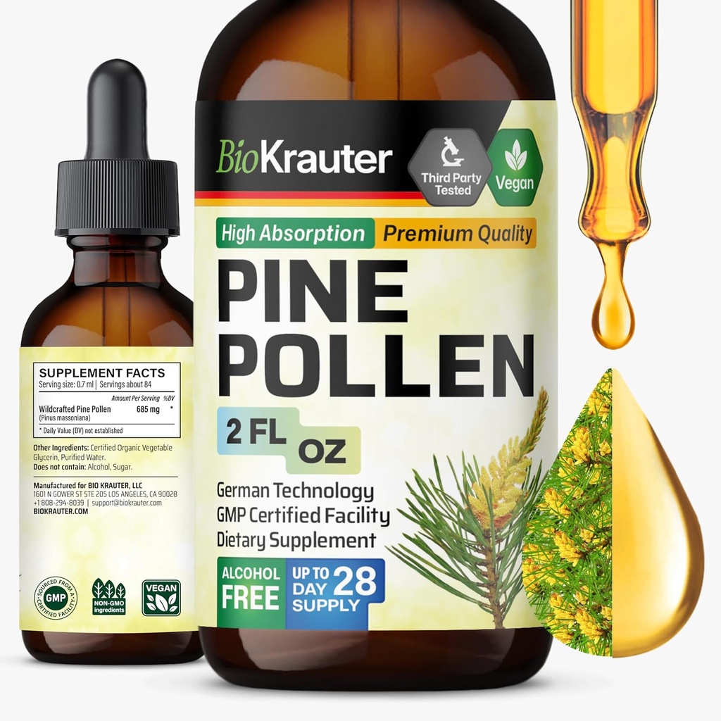 BIO KRAUTER Pine Pollen Teinture - Pine Pollen Poudre Extrait liquide pour le soutien immunitaire - Sans alcool et sans sucre supplément naturel à base de plantes - 2 Fl.Oz.