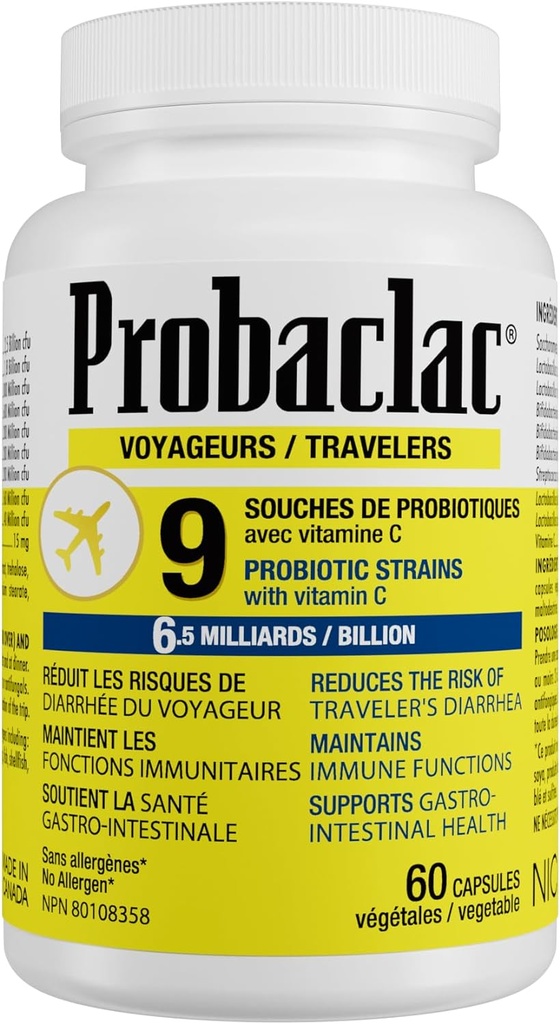 Probiotiques de voyage naturels, réduction du risque de diarrhée, contient de la vitamine C, le soutien immunitaire, sans gluten, la taille de voyage, vacances, croisière et avion de voyage essentiels, végétalien, 60 capsules