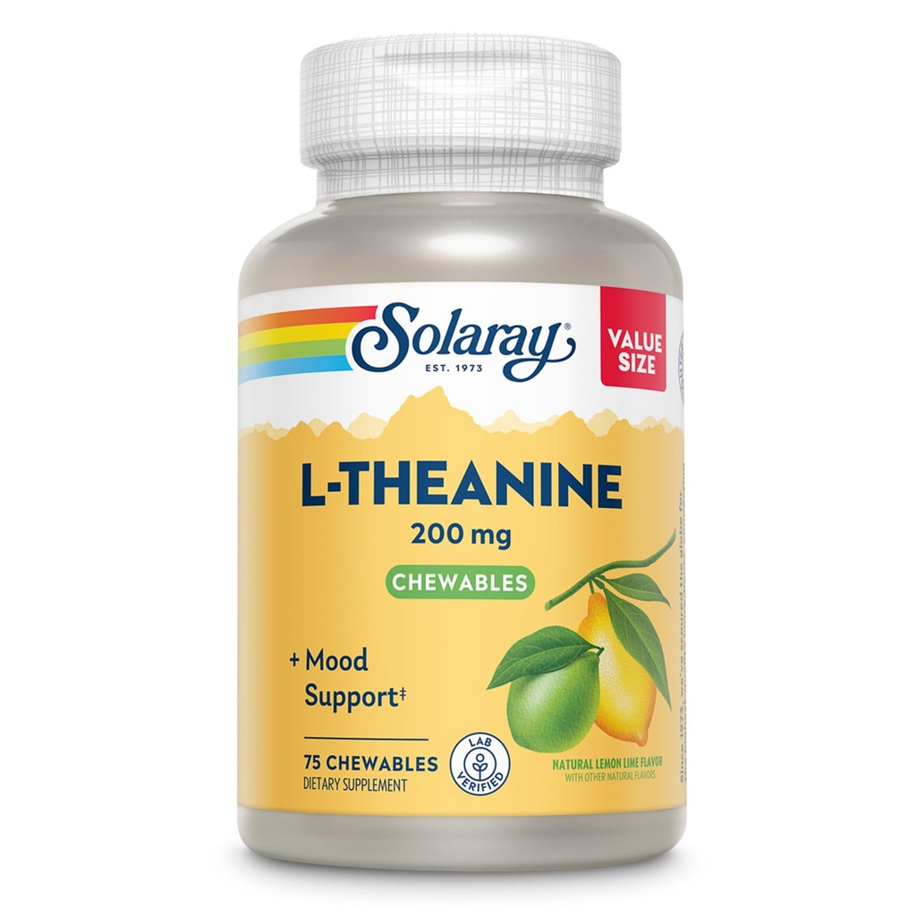 SOLARAY L Theanine 200mg, supplément de soutien à l'humeur avec vitamine B6 - Soutien calmant pendant le stress occasionnel - Saveur de chaux au citron naturel - Garantie de 60 jours, Verifié en laboratoire - 75 portions, 75 ménagères
