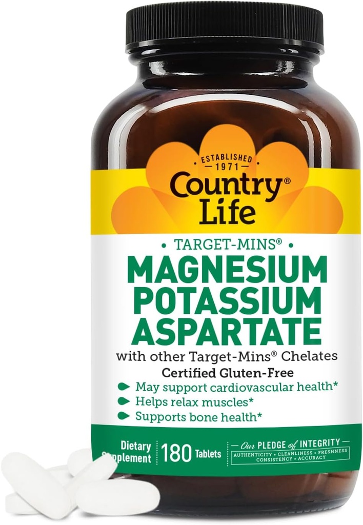Country Life Supplément de magnésium et de potassium pour la santé cardiaque, le soutien cardiovasculaire, le système immunitaire et la santé osseuse, sans gluten