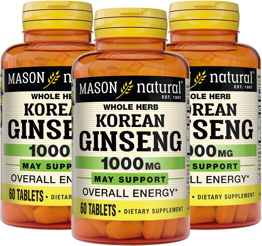 MASON NATURAL Korean Ginseng 1,000 mg, Supports Energy, Endurance & Vitality, 60 Tablets, Pack of 3