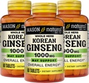MASON NATURAL coréen Ginseng 1000 mg, soutient l'énergie, l'endurance et la vitalité, 60 comprimés, pack de 3