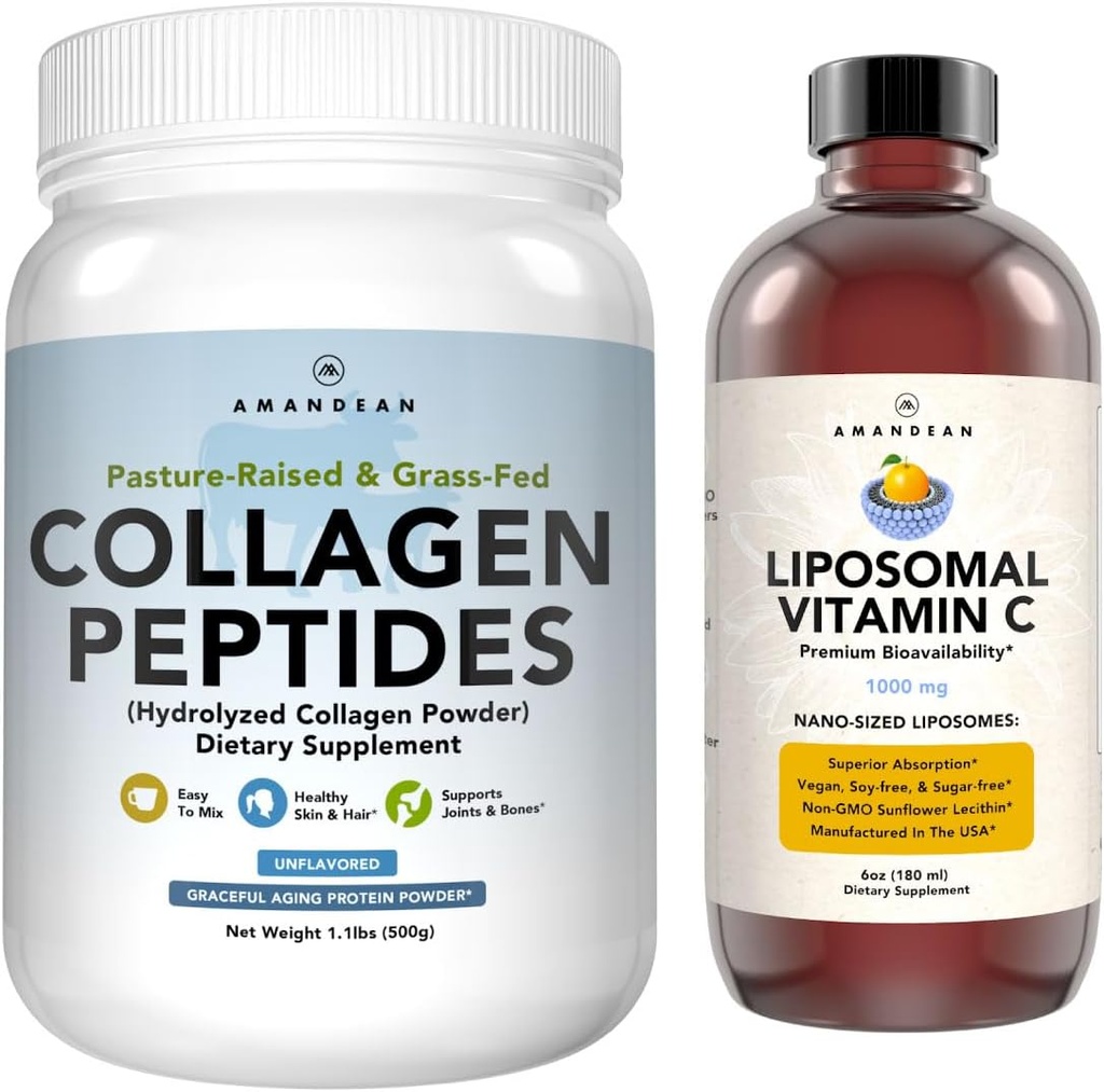 Amandean Premium Liposomique Vitamine C et Bovine Collagen Peptides Bundle. Puissant Antioxydant. Liquid Quali-C. Collagène à gazon. Hydrolysée de type 1 et 3. Peau, cheveux et ongles sains