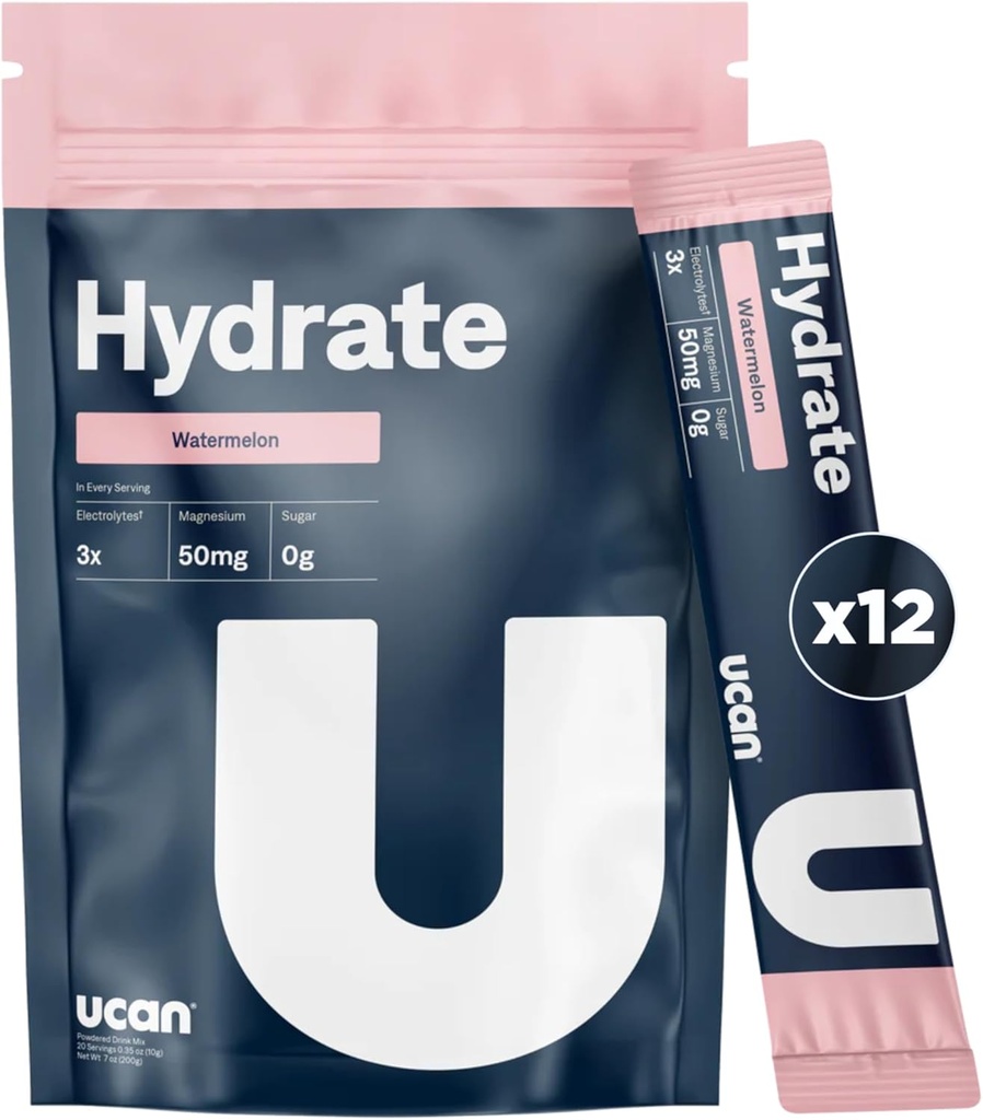 UCAN Hydrate Electrolyte Drink Mix (Watermelon, 12 Stickpacks) Sugar-Free, Keto-Friendly, Vegan, Non-GMO, Gluten-Free Electrolyte Powder with Potassium & Magnesium for Runners & Athletes