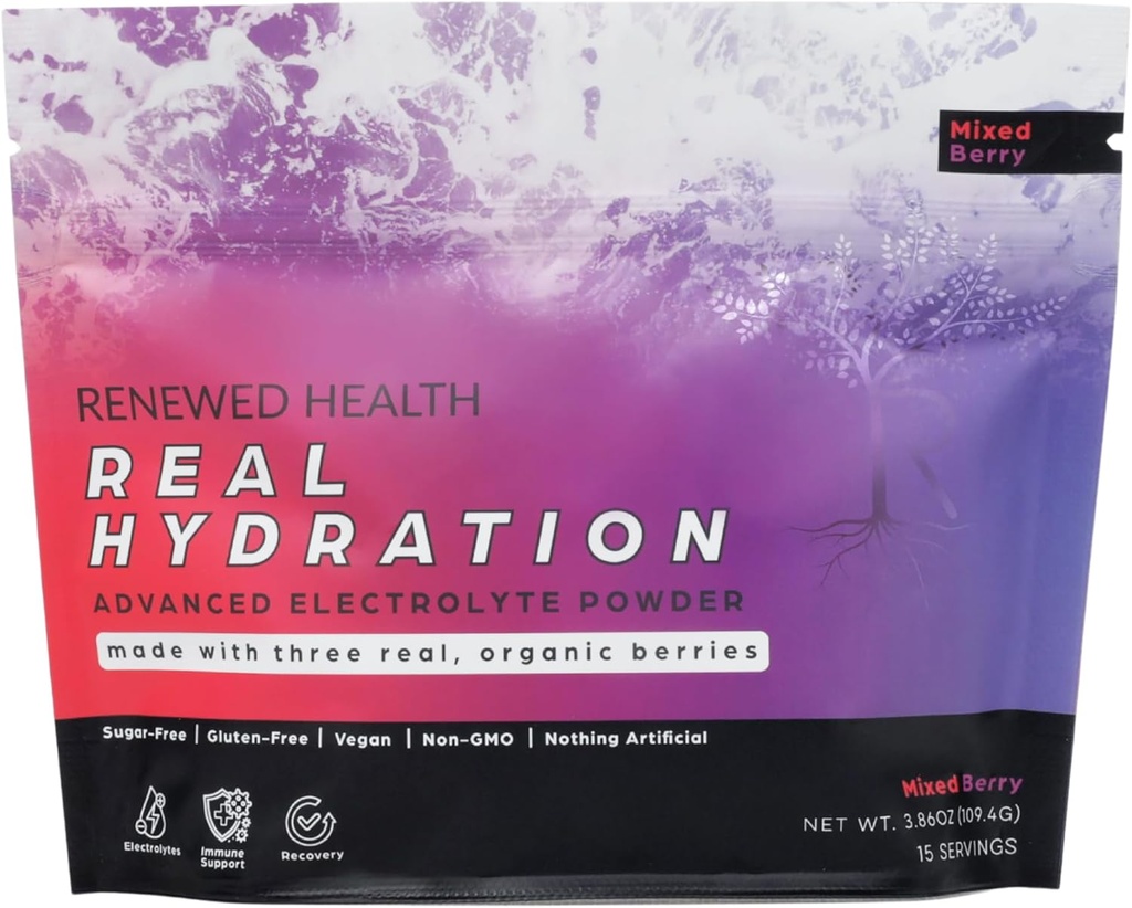 Hydratation réelle - Mélange d'électrolytes à base de fruits biologiques - Fabriqué avec des fruits biologiques et du sel rose - Zéro sucre et végétalien - Hydratation, Immune & Recovery Support (15 portions, baies mixtes)
