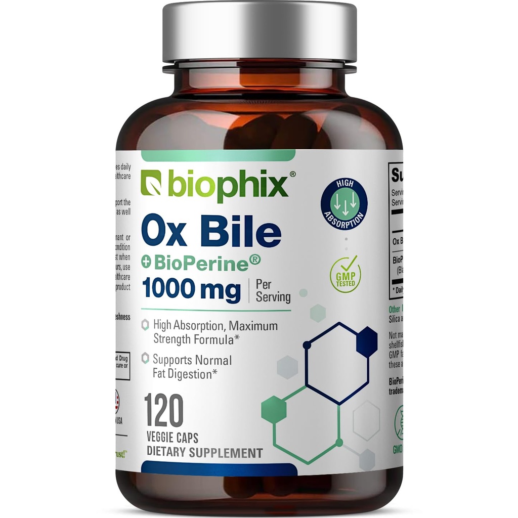 Biophix Ox Bile 1000 mg avec BioPerine 120 Capsules de Veggie - Supplément d'enzymes digestives à absorption élevée - Soutien du métabolisme des graisses de l'IG du foie