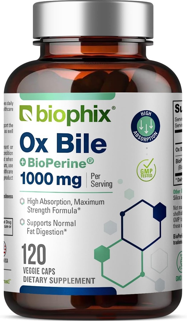 Biophix Ox Bile 1000 mg avec BioPerine 120 Capsules de Veggie - Supplément d'enzymes digestives à absorption élevée - Soutien du métabolisme des graisses de l'IG du foie