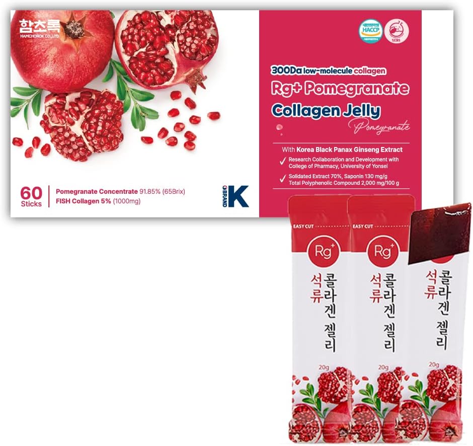 Rg+ Anti-Aging Korean-Beauty Pomegranate Collagen Jelly 20g x60 Stick/ + Ginseng Concentrate + Vitamine C&E pour le soutien immunitaire, peau, cheveux, ongles et articulations(60)
