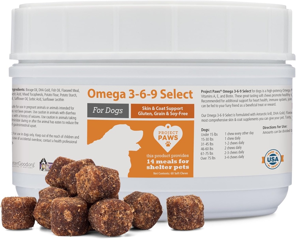 Projet Paws Omega 3-6-9 Choisir l'huile de poisson pour les chiens - supplément à l'huile de krill de peau et de manteau - 60 Compte