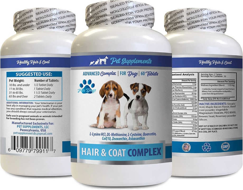 Suppléments de peau et de manteau pour chiens - Complexe des cheveux et manteaux pour chiens - Soulagement avancé de la peau - Bon pour les ongles - Vitamine pour chien e - 1 bouteille (60 comprimés)