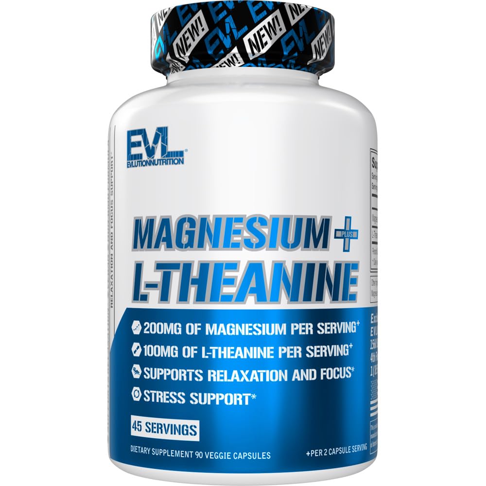 Evlution Nutrition Magnésium + L-Theanine - Relaxation naturelle et soutien de la concentration - 200mg Magnésium + 100mg L-Theanine - Vegan & Non-OGM - Supplément alimentaire - 45 portions - 90 capsules de Veggie
