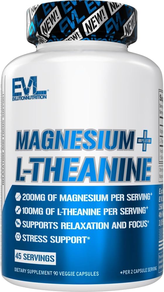 Evlution Nutrition Magnésium + L-Theanine - Relaxation naturelle et soutien de la concentration - 200mg Magnésium + 100mg L-Theanine - Vegan & Non-OGM - Supplément alimentaire - 45 portions - 90 capsules de Veggie
