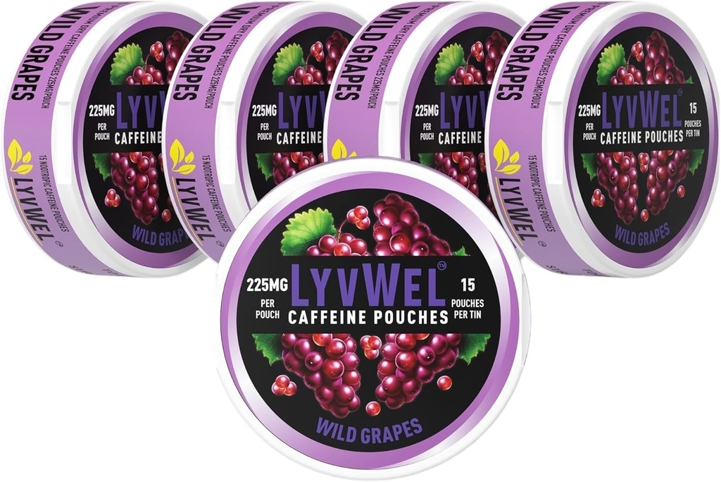 LyvWel 225mg Pouches d'énergie de caféine – 5-Paquets de raisins sauvages (75 Pouches) – Arôme gras, énergie propre – Guarana-Infusé Focus & Stamine pour la performance sur le pouce