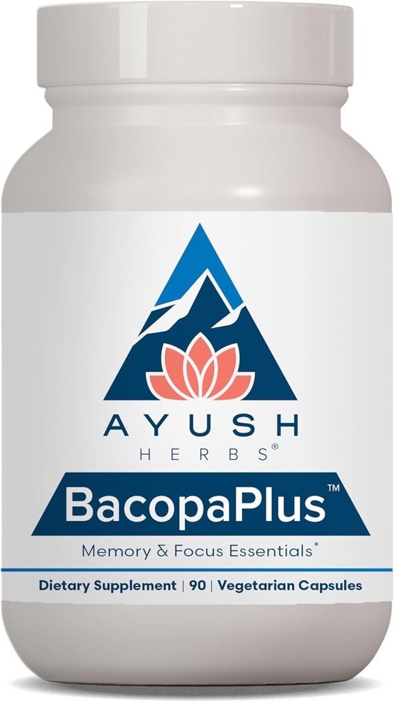 Ayush Herbes BacopaPlus - Suppléments de Bacopa, Bacopa biologique pour mémoire et focus, Pilule de soutien cognitif pour adultes avec Ginkgo, Gotu Kola, Ashwagandha - 90 Capsules végétariennes (1 comte)