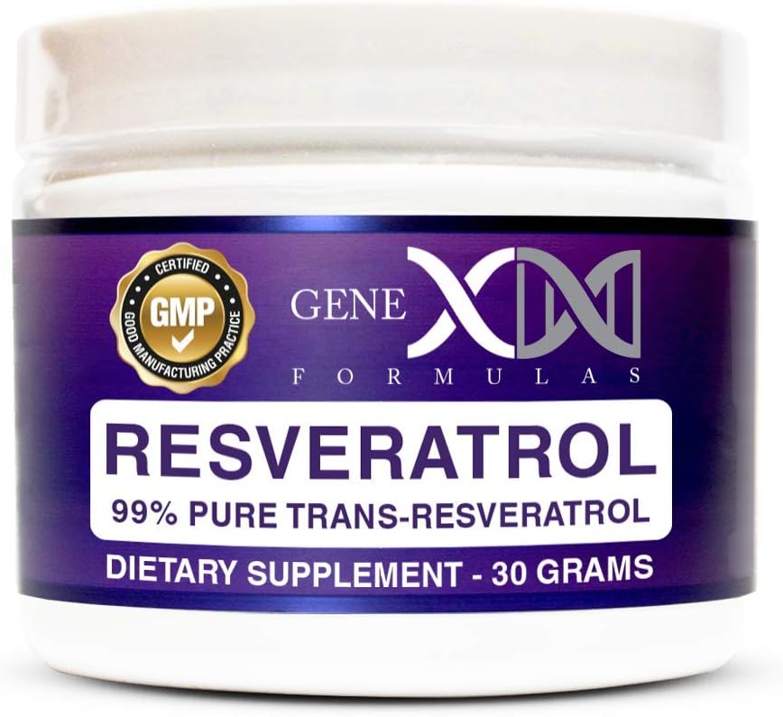GENEX Trans Resvératrol 1000mg poudre servant 99 % de qualité pharmaceutique micronisée pure de 30 portions / 30 grammes 1 gramme par jour 30 jours d'approvisionnement fabriqué dans un établissement certifié GMP & NSF