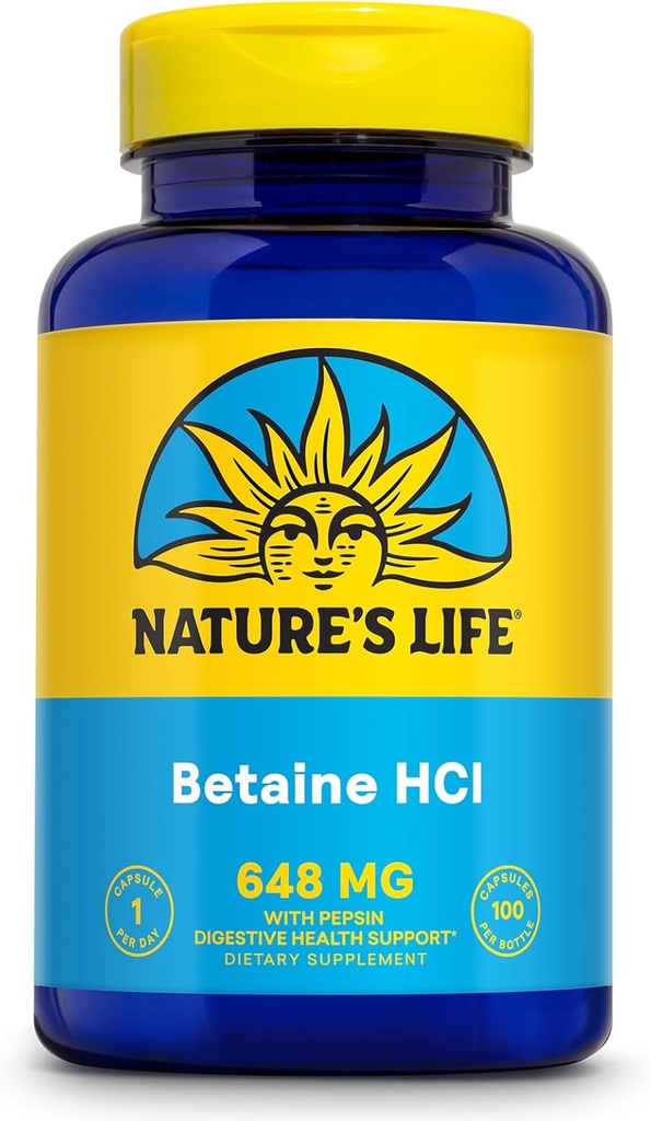 NATURE'S LIFE Betaine HCL avec Pepsin - Formule de santé digestive avec enzymes digestives pour Gut Health Support - Supplément d'acide chlorhydrique à haute puissance, garantie de 60 jours, 100 portions, 100 capsules