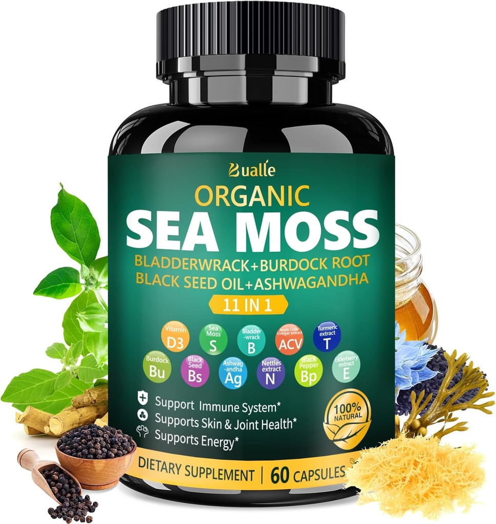 Bualle Capsules de mousse de mer biologique avec huile de graines noires, Ashwagandha, Bladderwrack, Ginger & Burdock Racine – Complexe à base de plantes pour le bien-être quotidien – 60 Capsules (1 Pack)