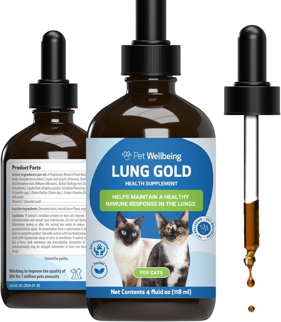 Bien-être animal Lung Gold pour chats - Soutien immunitaire pulmonaire, santé respiratoire inférieure, Open Airways, respiration normale, Reishi, Coptis - Supplément à base de plantes vétérinaires - 4 oz (118 ml)
