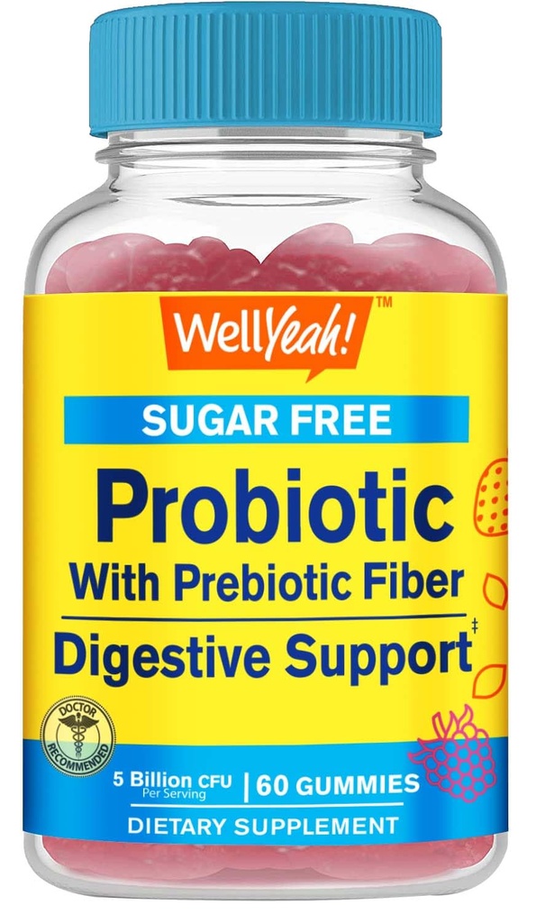 Probiotique sans sucre avec gommies prébiotiques (5 milliards d'UFC) - Soutien digestif, Gut Health, et soutien vaginal - Gummy probiotique stable du plateau, prébiotiques et probiotiques pour les femmes et les hommes - 60 Compte
