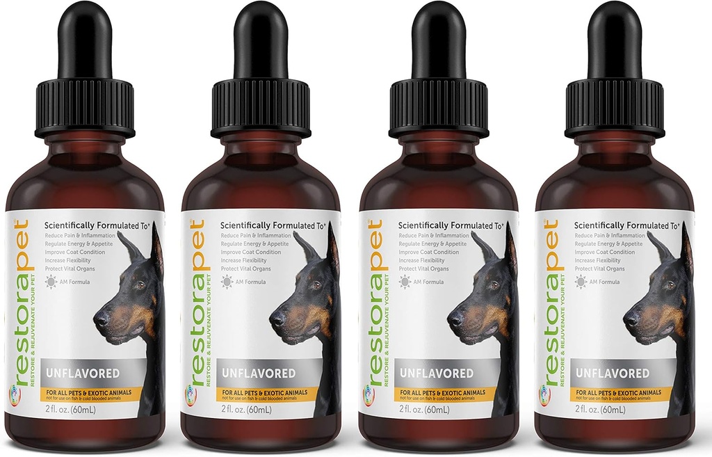 RestoraPet 4-Pack Chien & Chat Multivitamin liquide non aromatisé , Arthrite de chien soulagement de la douleur , Hip & Vitamines conjointes pour chiens , Supplément anti-inflammatoire pour chiens et chats , biologique et non-OGM , Vet approuvé